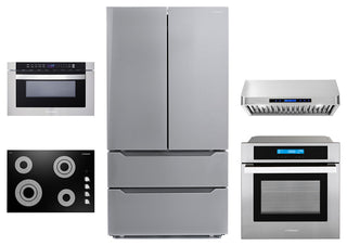 5PC, 36" ooktop 36" Range Hood 24" Wall Oven 17.3" Microwave & Refrigerator
