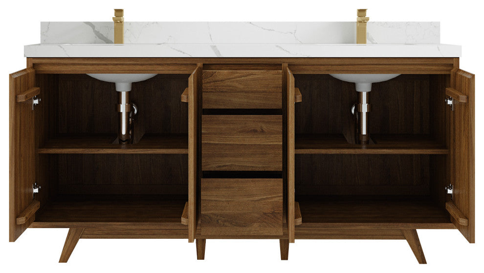 Madison Teak 72 Double Sink Bath Vanity in Dark Natural 2" Calacatta Laza