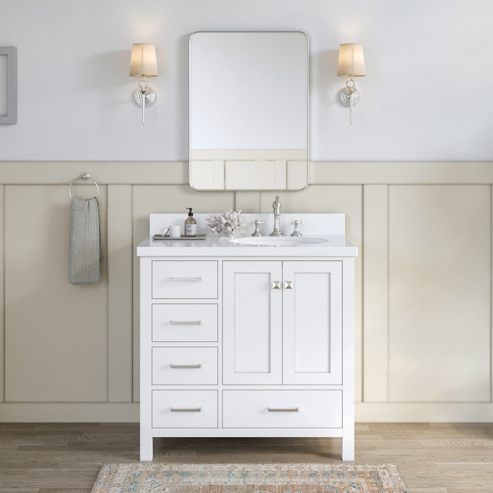 ARIEL Cambridge 37" Right Offset Oval Sink Bathroom Vanity White With Quartz Top
