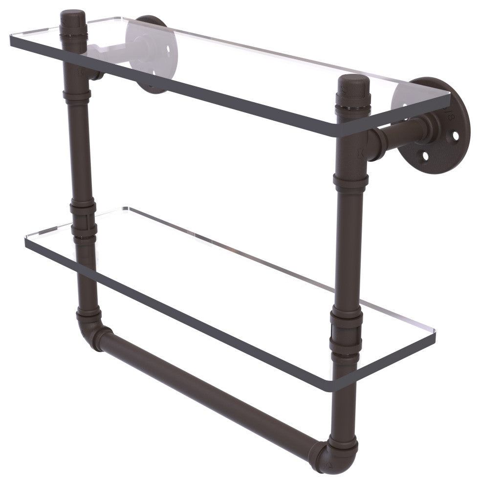 Pipeline Doulbe Glass Shelf with Towel Bar, Oil Rubbed Bronze, 16"