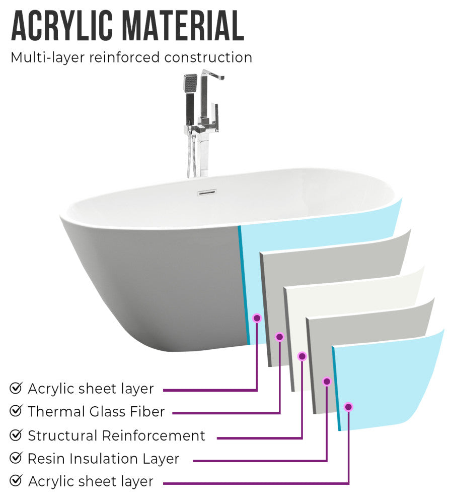 Freestanding Acrylic Bathtub, White/Polished Chrome, 59"
