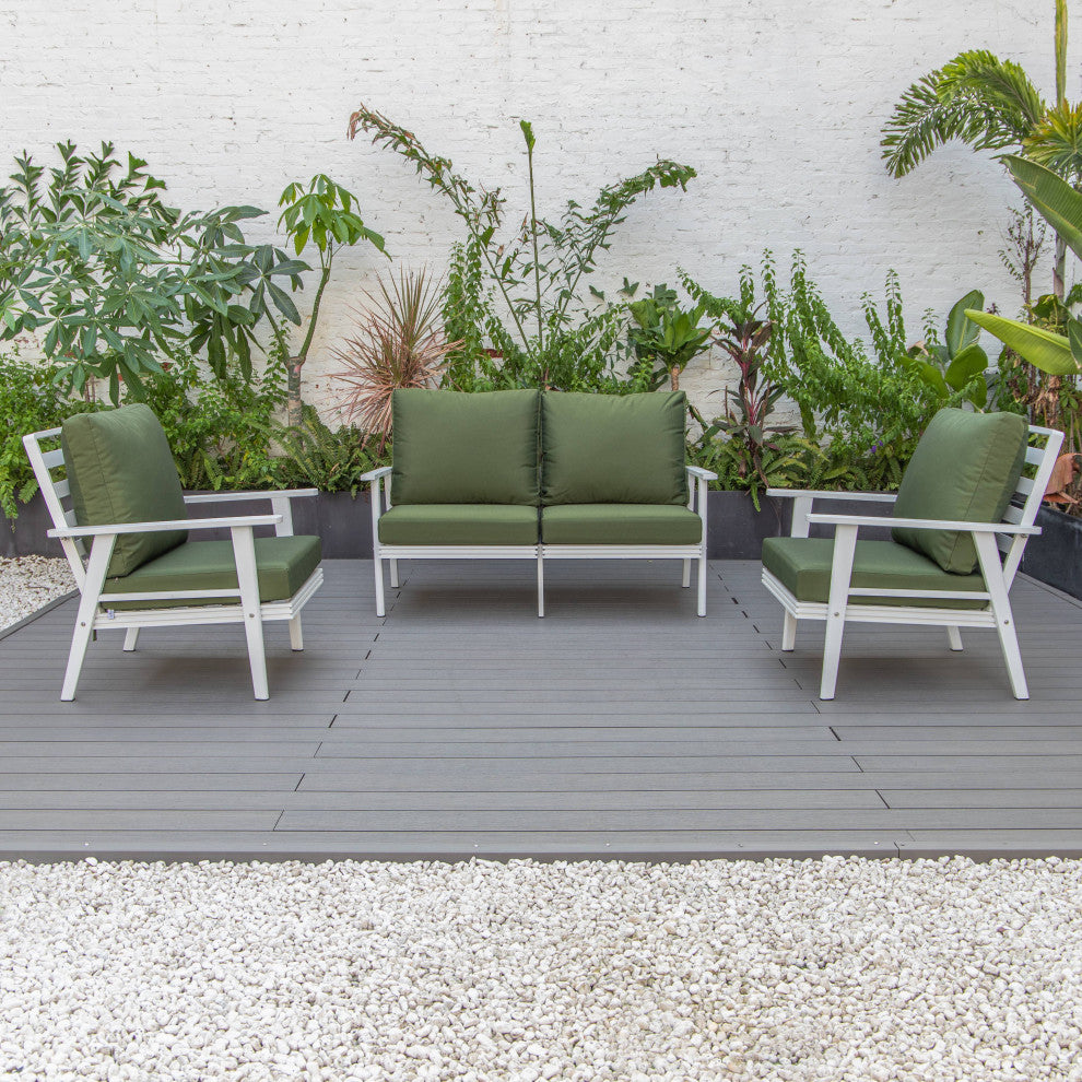 LeisureMod Walbrooke 3-Piece Patio Set With White Aluminum Frame and Cushions, Green
