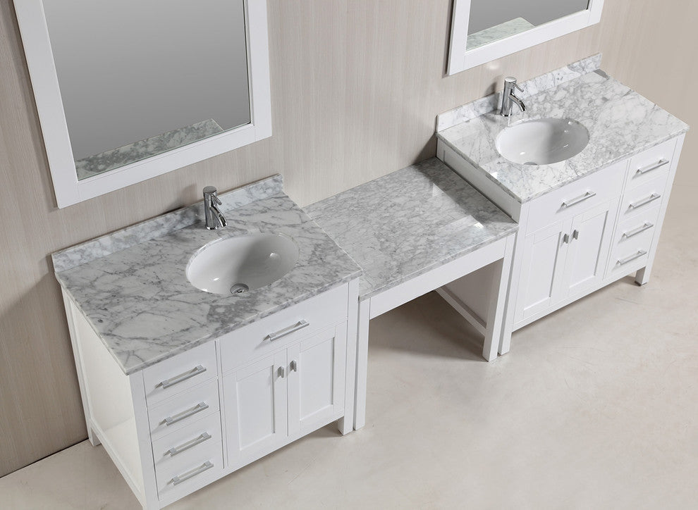 Two London 36" Single Sink Vanity Set With One Make-Up Table, White