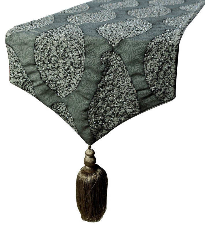 Decorative Table Runner Grey Jacquard Silk, Beaded Tassels - Celestial Paisley