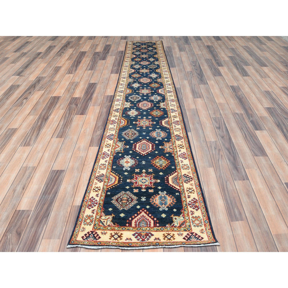Yale Blue Special Kazak Soft Wool Hand Knotted XL Runner Oriental Rug 3'x18'6"