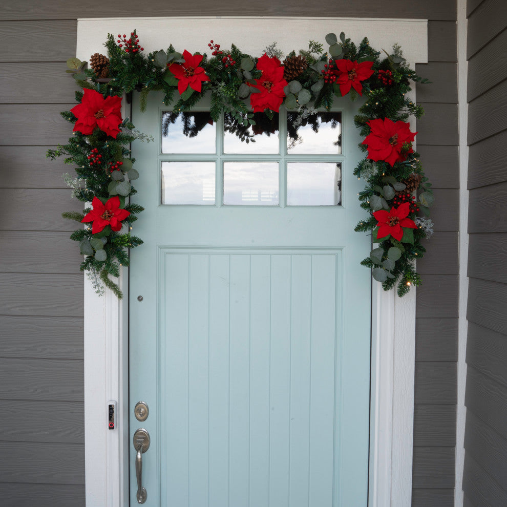 9' Artificial Christmas Garland with Lights, Christmas Poinsettia