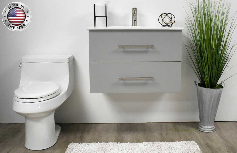 Napa 30" Modern Floating Bathroom Vanity With Ceramic Top and Round Handles, Gray