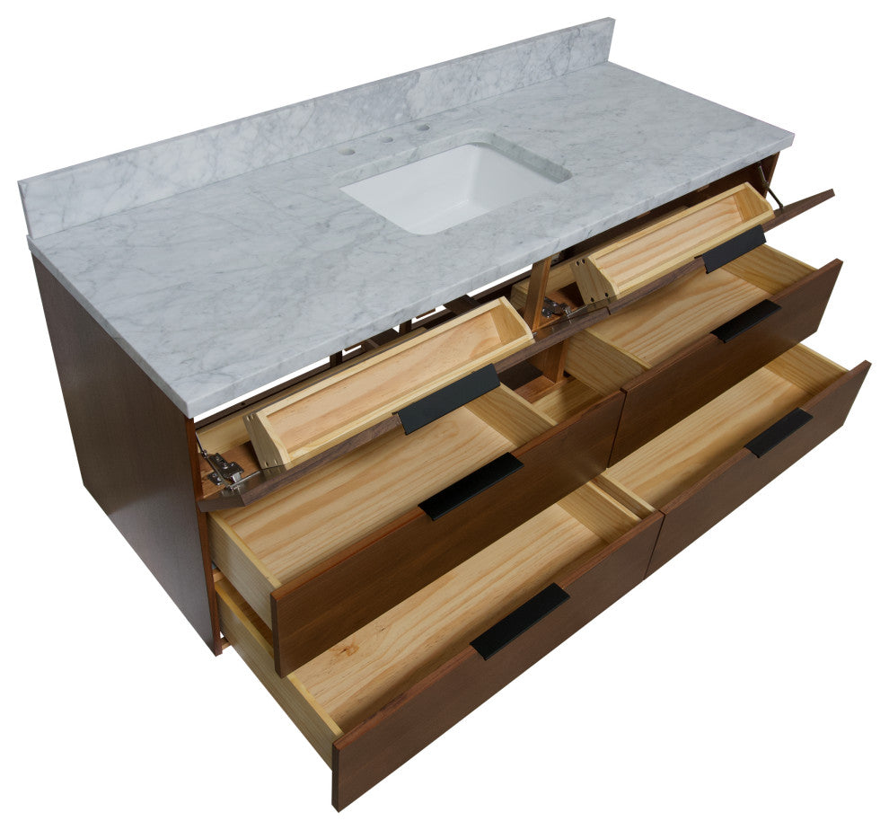Oslo 60" Floating Wall Mounted Bathroom Vanity, Walnut, Carrara Marble, Single