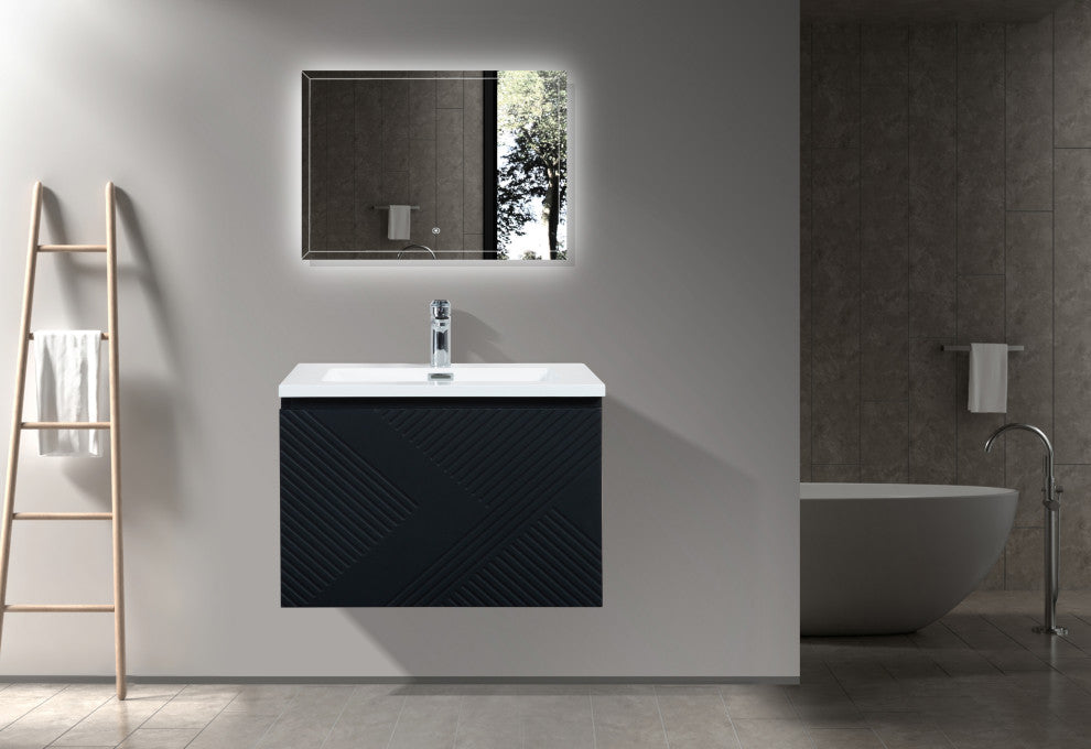 Matte Black Wall Mount Bath Vanity, Integrated Sink, White Sink, 30"