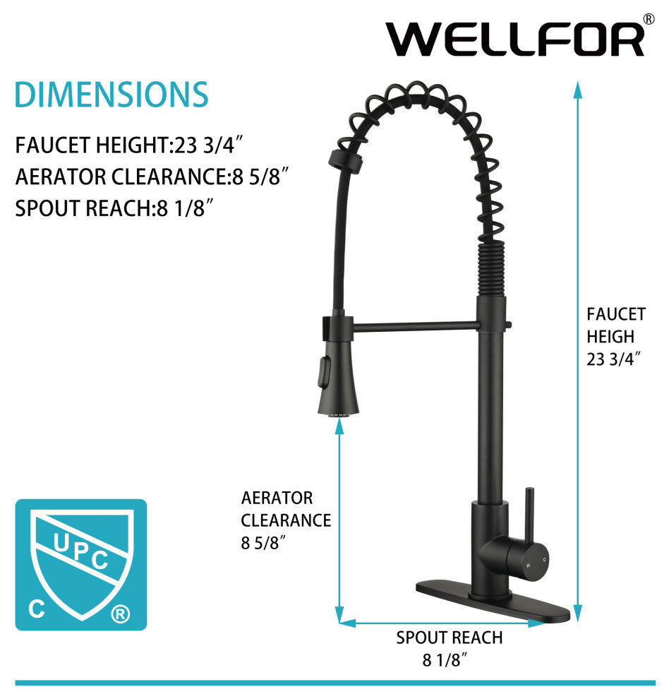 Wellfor Stainless Steel Pull Down Kitchen Faucet With Deck Plate, Matte Black