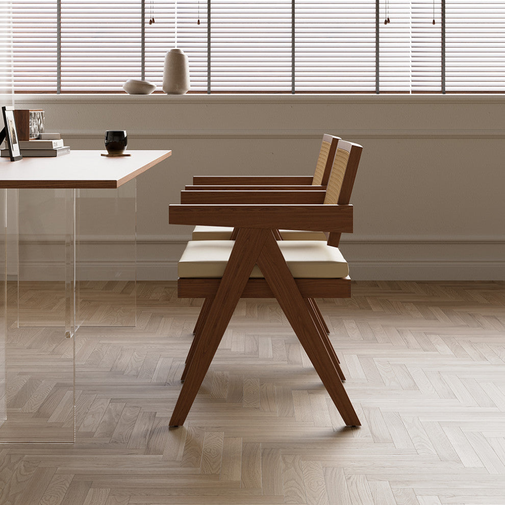 Archic Japandi Rattan Dining Chair, Walnut, With Upholstery