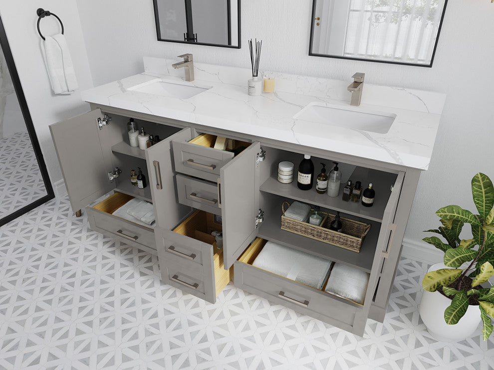 Boston 72 Double Sink Bath Vanity in Elephant Skin Gray 2" Calacatta Laza