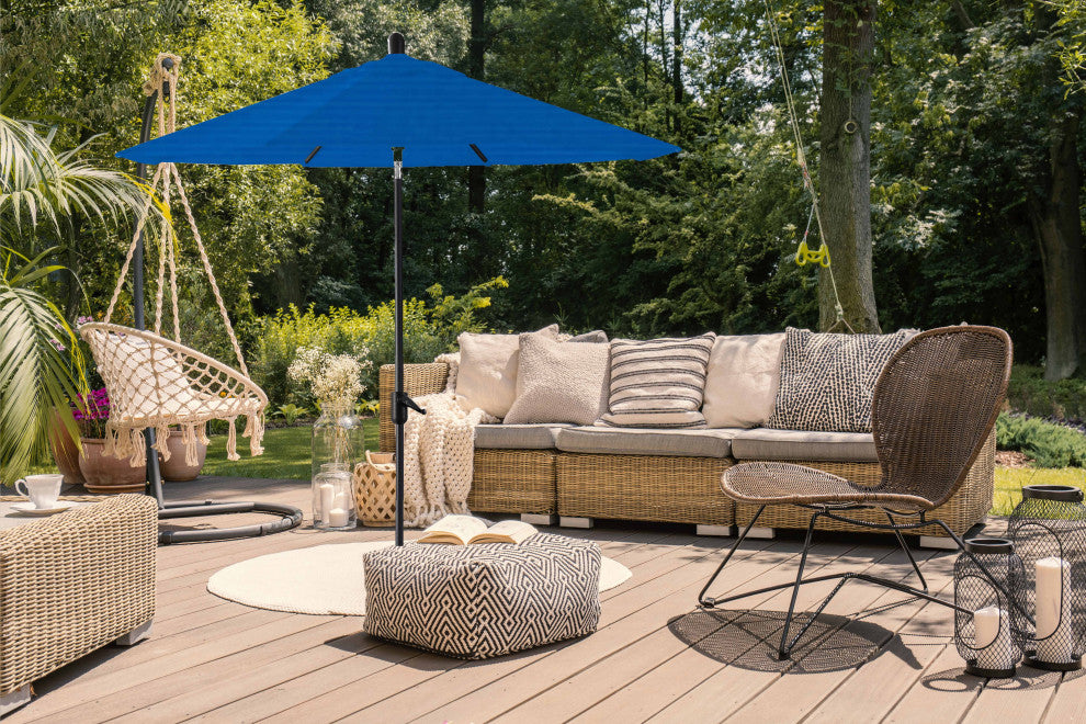 9' Round Push Tilt Market Umbrella, Black Frame, Sunbrella, Pacific Blue