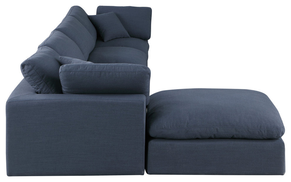 Comfy Upholstered L-Shaped Modular Sectional, Navy, 5-Piece: 2 Armless Chair, 2 Corner Chair, 1 Ottoman, Linen Textured Fabric