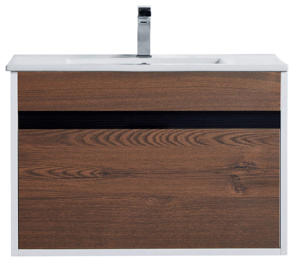 Alpine Wall Mount Bathroom Vanity and Sink, Brown Walnut, 30"