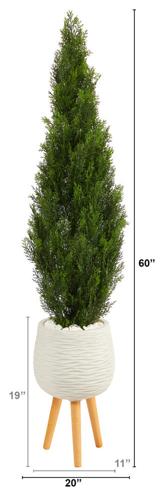 5' Cedar Artificial Tree, White Planter With Stand, Indoor/Outdoor