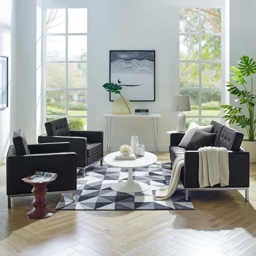 Tufted Armchair and Loveseat Sofa Set, Faux Leather, Silver Black, Modern