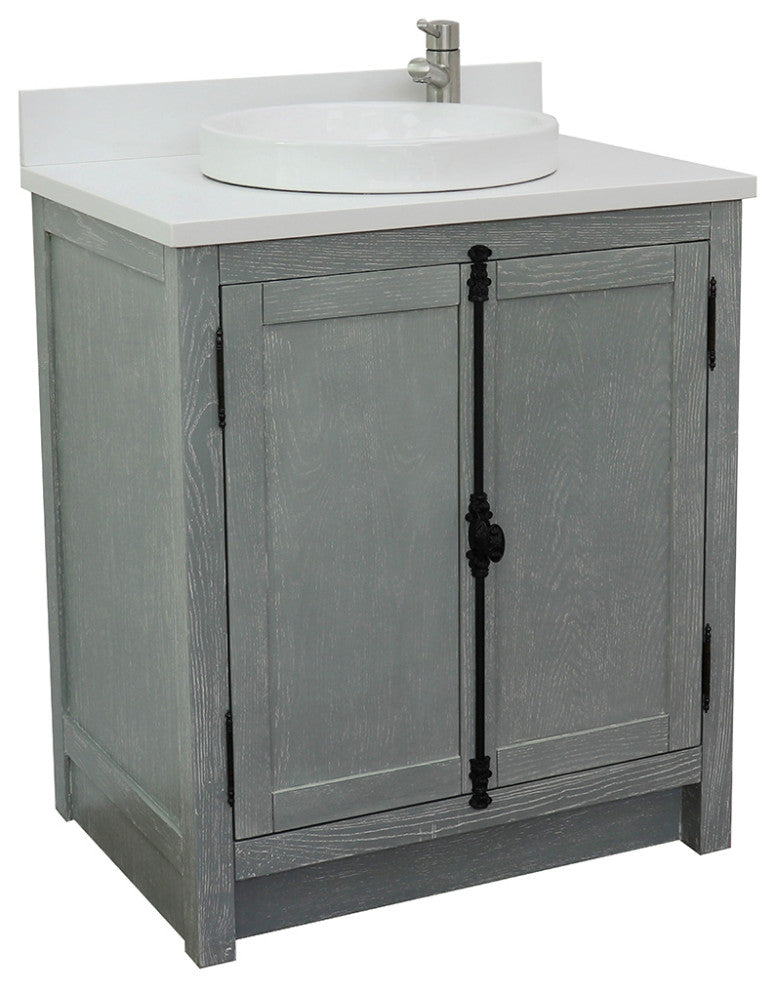 30" Single Vanity, Gray Ash, White Engineered Stone Top, Round Sink