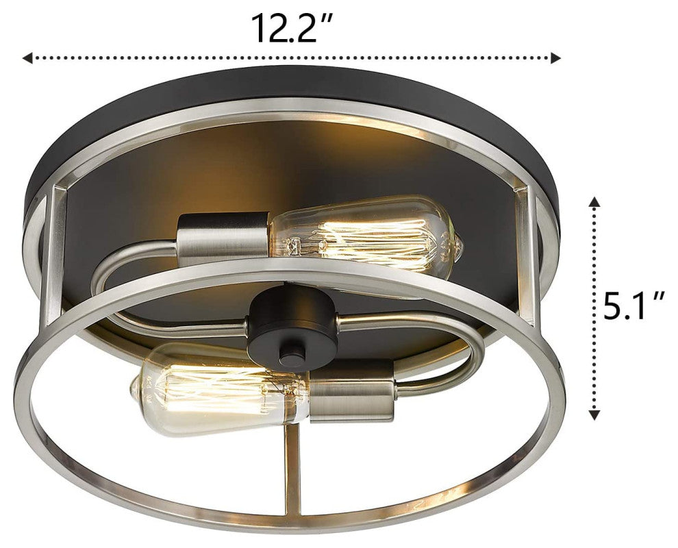 2 Light Flush Mount Ceiling Light, Round Cage, Black