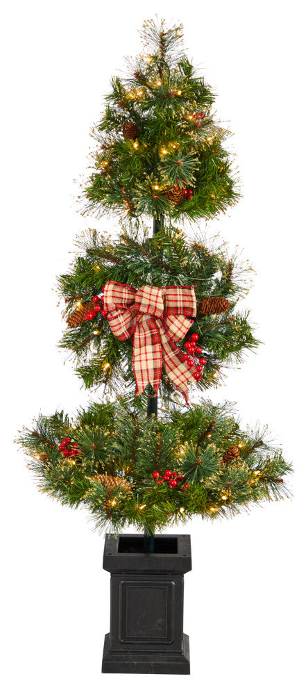 T3285 4 Christmas Artificial Topiary Tree With Decorative Ribbon and Berries