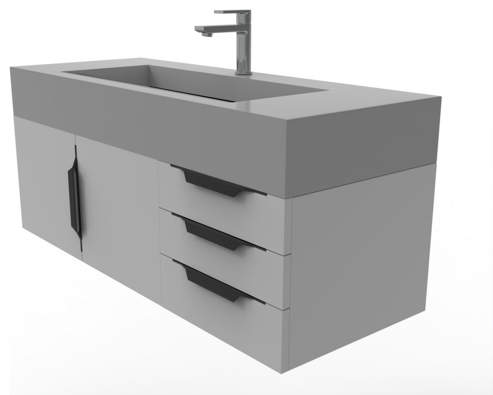 CastelloUSA Nile 48" Wall Mounted Vanity Set, Gray, Gray Top, Black Handles