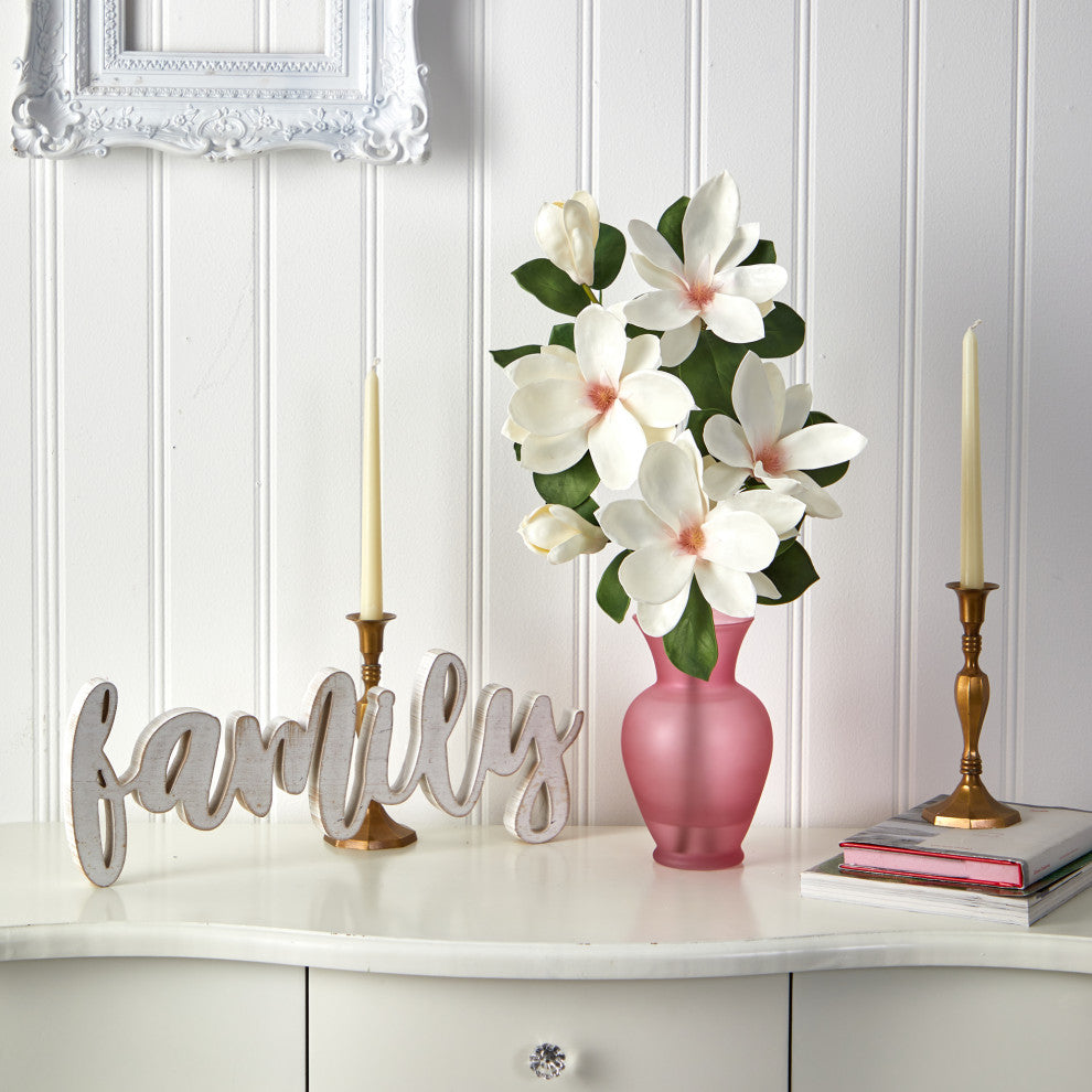 24" Japanese Magnolia Artificial Arrangement, Rose Colored Vase