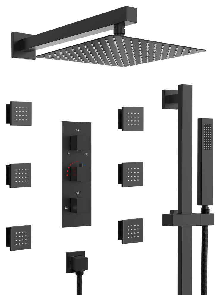 Thermostatic Shower Faucet 12" Rain Shower Head with Handheld Slide Bar System, Matte Black