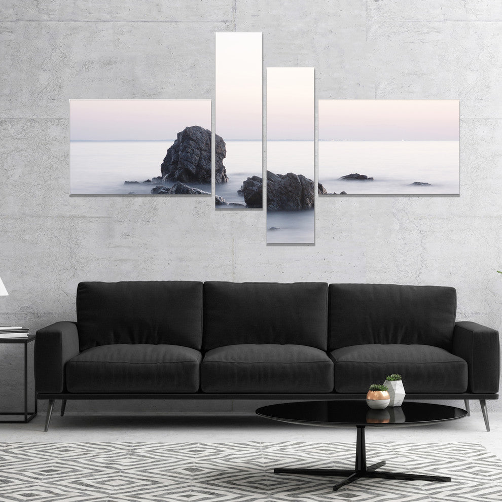 Rocks in the Sea Black and White, Seashore Canvas Art Print, 60"x32", 4 panels