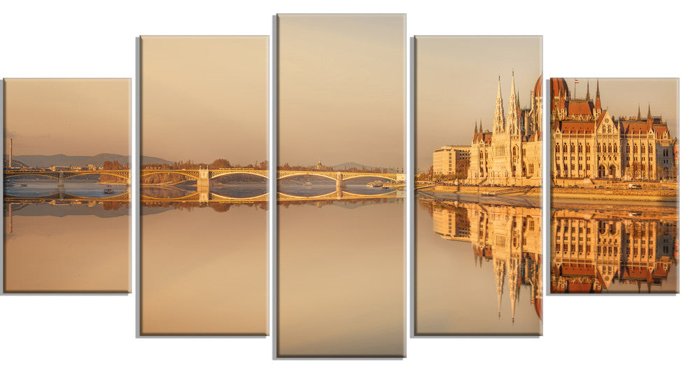Hungarian Parliament Panorama, Cityscape Canvas Art Print, 60"x32", 5 Panels