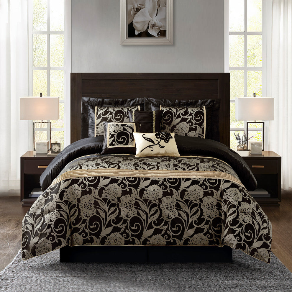 Mollybee 7-Piece Bedding Comforter Set, Black, Full