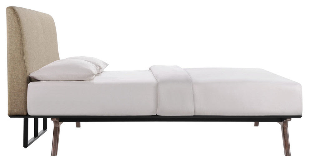 Modern Contemporary Wood Bed Frame, Latte Fabric, Queen Size