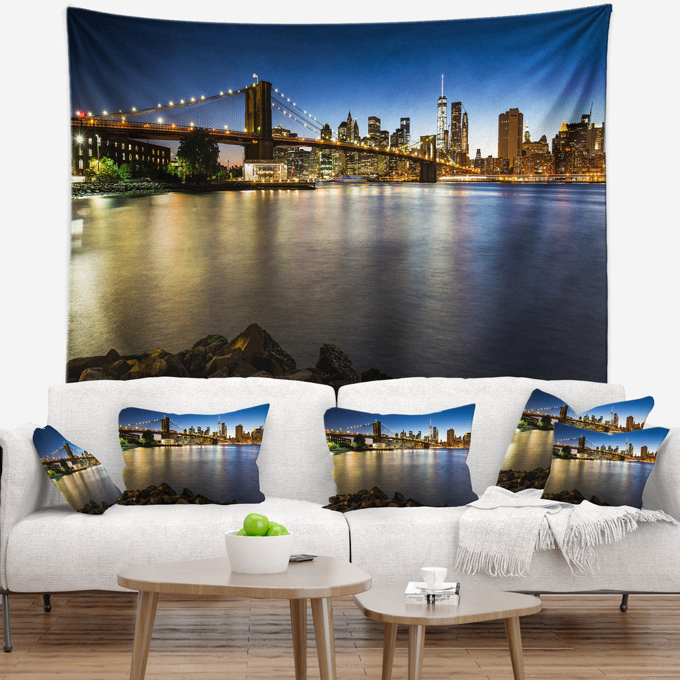 Distant View of Brooklyn Bridge Cityscape Wall Tapestry, 39"x32"