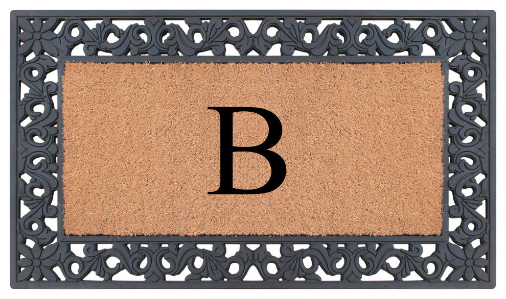 A1HC Rubber & Coir Floral Outdoor Durable Monogram Doormat 18"x30", Black, B