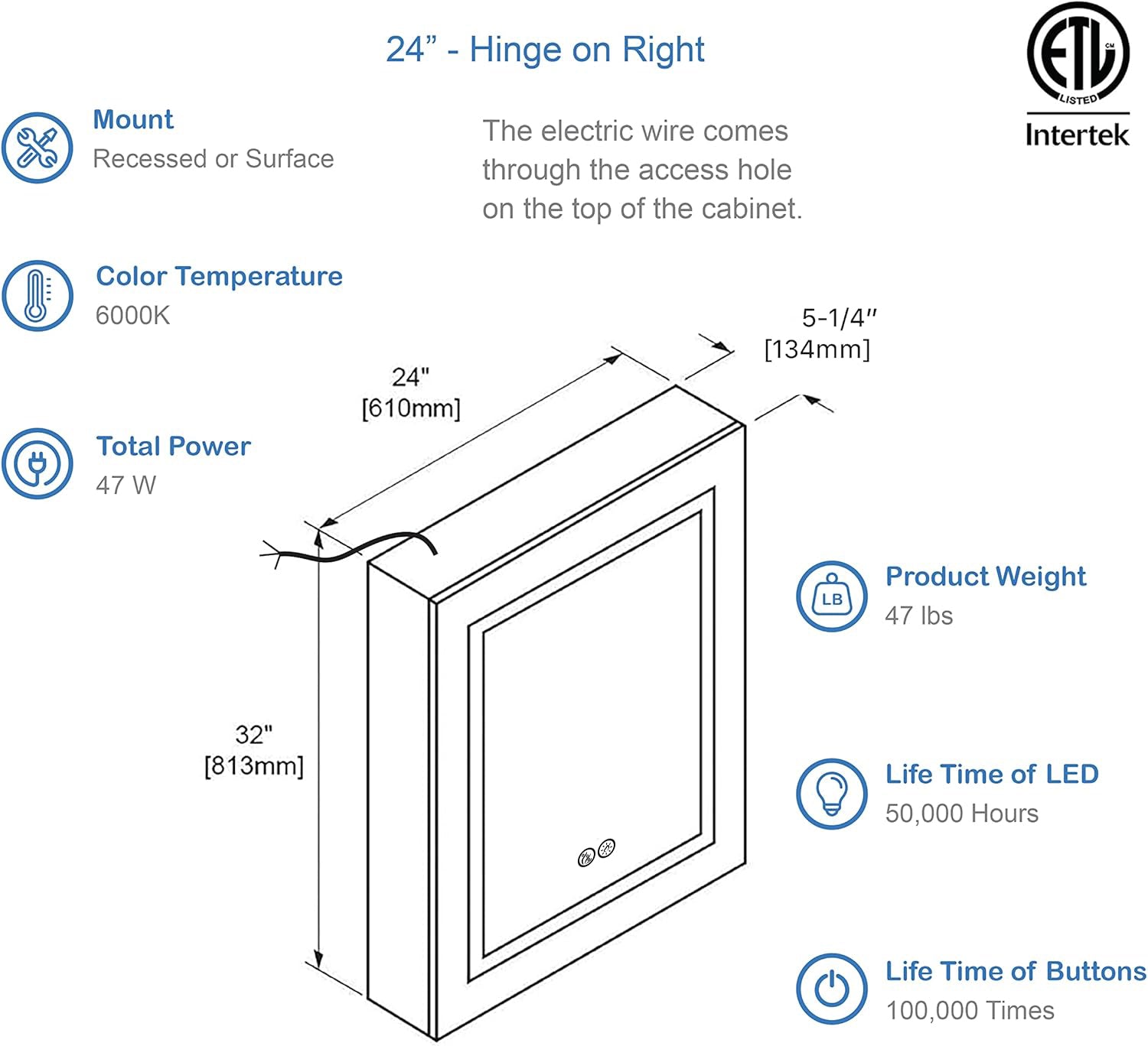 LED Medicine Cabinet With Defogger, 24/R