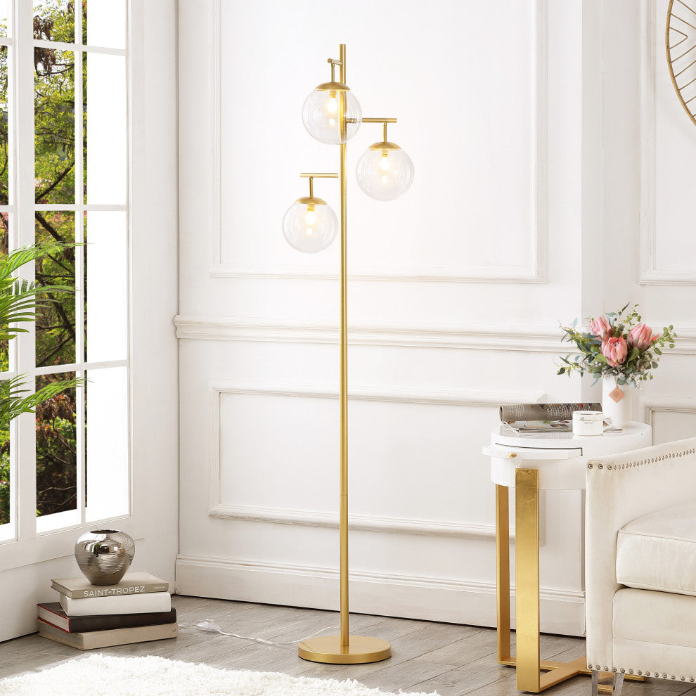 3-Light Gold Tree Floor Lamp with Glass Globe Shades, Clear Glass Shades