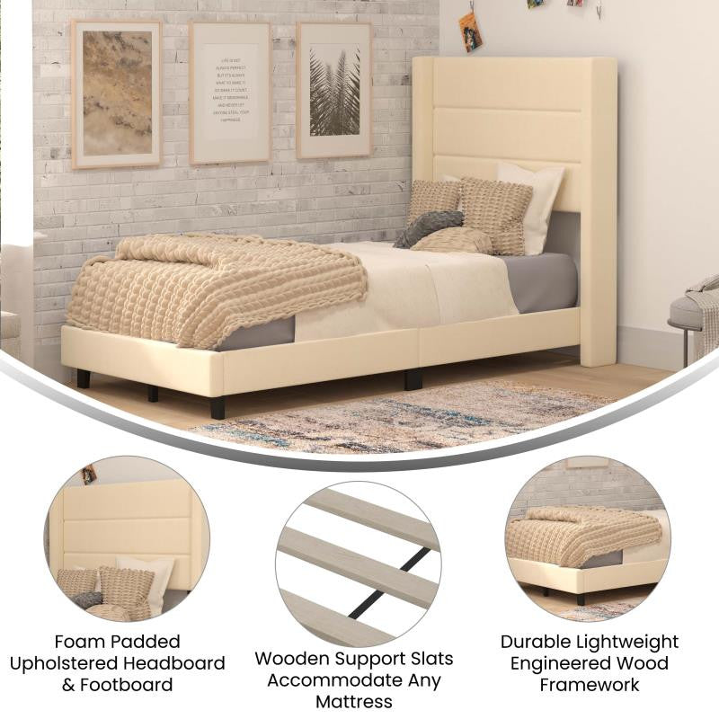 Hollis Upholstered Platform Bed with Wingback Headboard w/Mattress Foundation, Beige, Twin