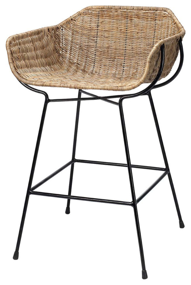 Contemporary Minimalist Natural Rattan Counter Stool Curved Seat Black Metal Leg