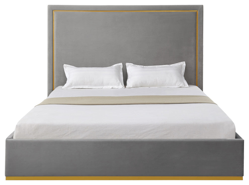 Inspired Home Marceline Bed Upholstered, Gray Velvet Queen