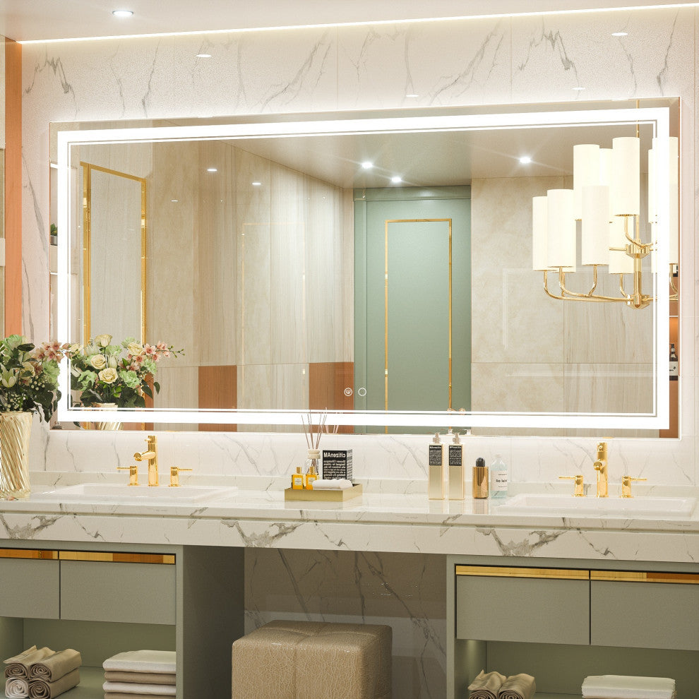 3-Colors LED Bathroom Mirror, Anti-Fog Memory Dimmable, Sliver, 72"x36"