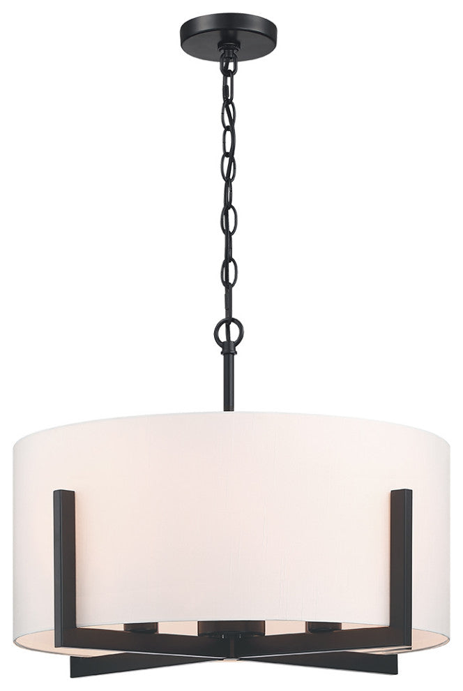 22" W 4-Light Matte Black Chandelier Pendant Light With White Drum Shade