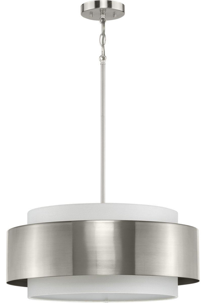Silva Collection Three-Light Brushed Nickel White Linen Shade Pendant