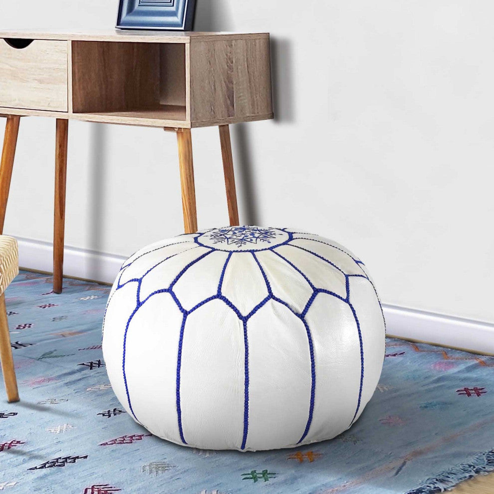 4 Colors Handmade Moroccan Ottoman, Genuine Leather White Poufs, White & Blue