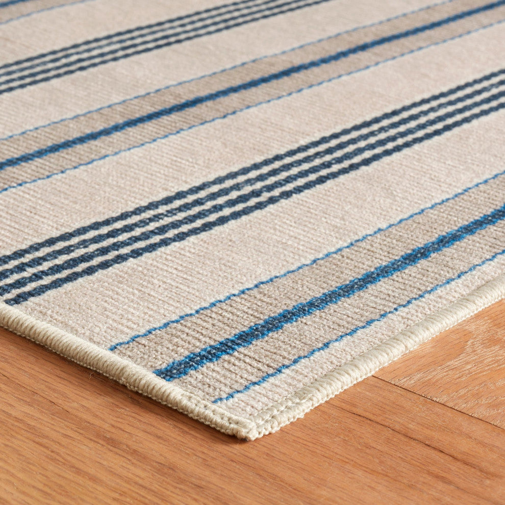 Dash & Albert Nimes Ticking Neutral Machine Washable Rug, Blue, 3' x 5'