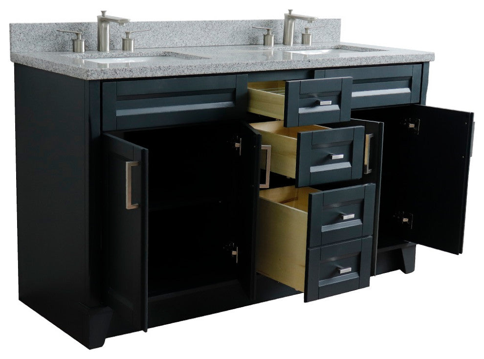 61" Double Sink Vanity, Dark Gray Finish And Gray Granite And Rectangle Sink