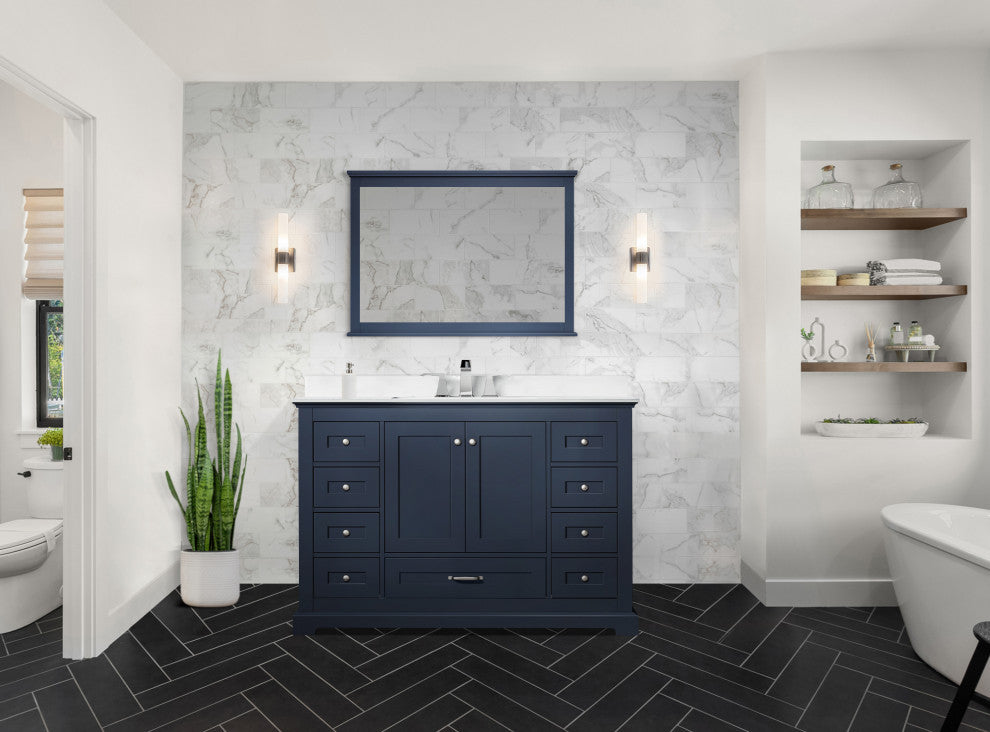 Dukes 48" Navy Blue Single Square Sink Vanity with Quartz Top, With Mirror