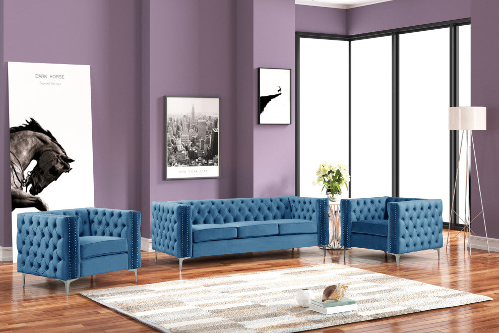 Rebekah 3 Piece Velvet Living Room Set, Gery, Navy Blue, 19''Hx70''Wx24'' D