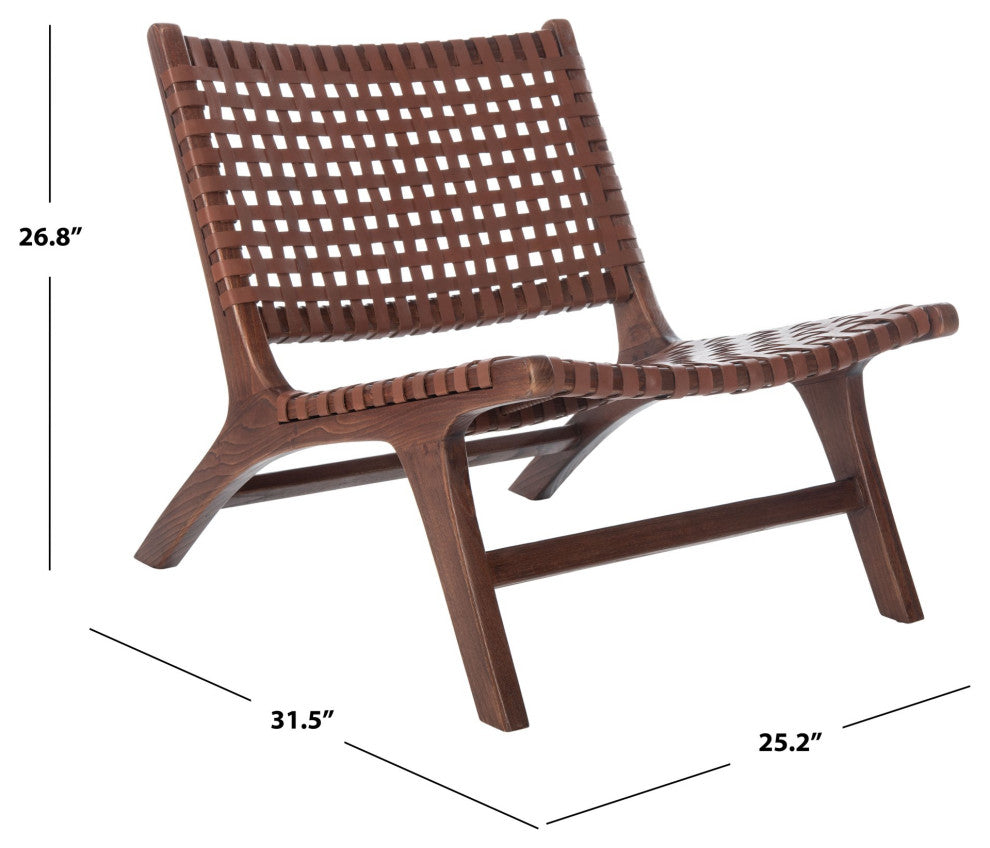 Contemporary Accent Chair With Intricate White Leather Weave and Sungkai Frame, Brown