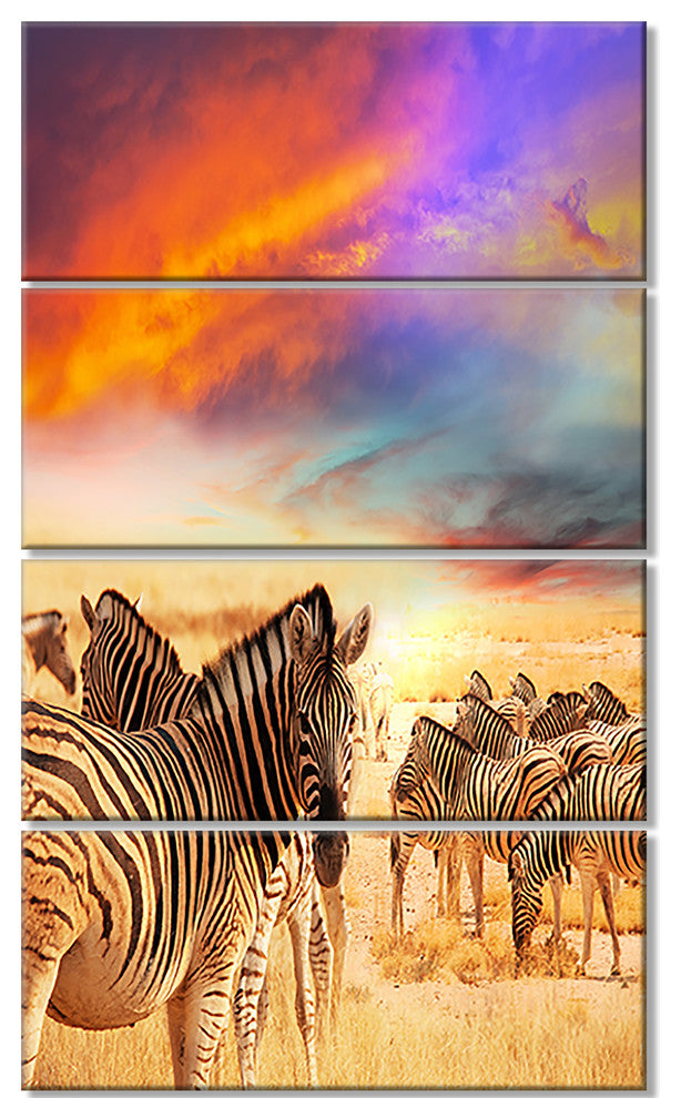Zebra Herd under Colorful Sunset Sky, Animal Art Canvas Print, 28"x48", 4 Panels