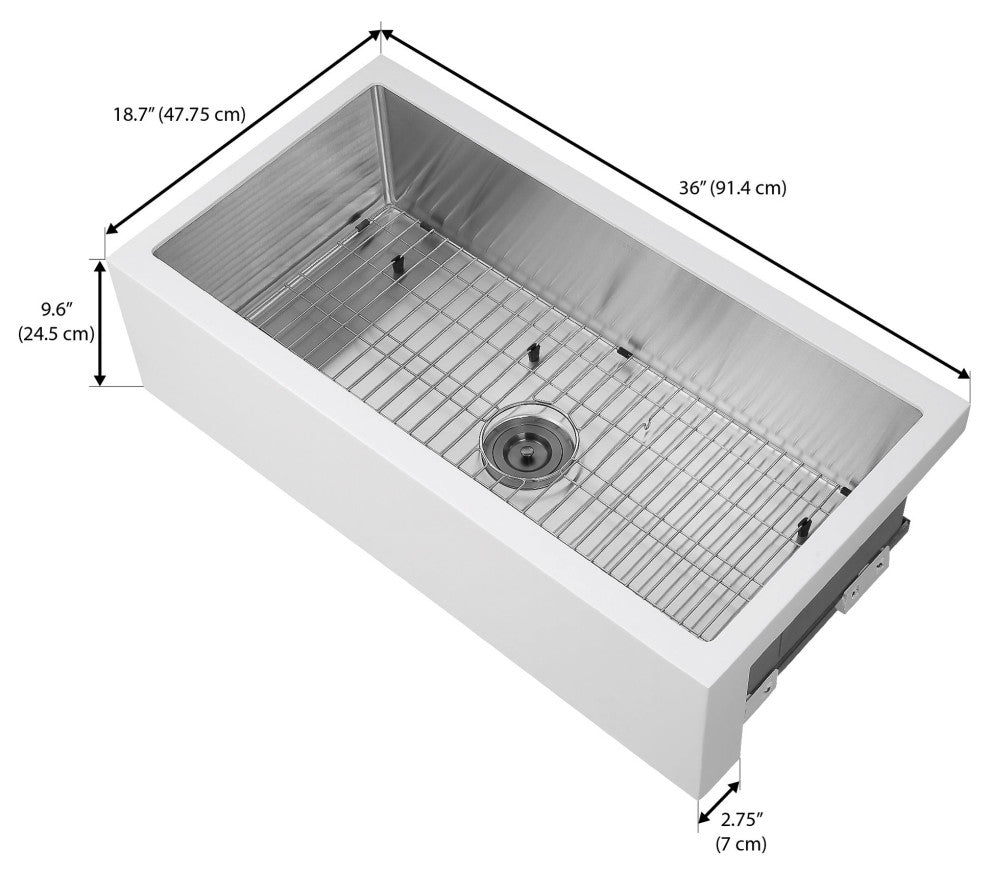 Ancona 36" Single Bowl Farmhouse Apron Kitchen Sink, White and Stainless Steel