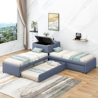 Gewnee L-shaped Platform Beds with Twin Size Trundle in Gray
